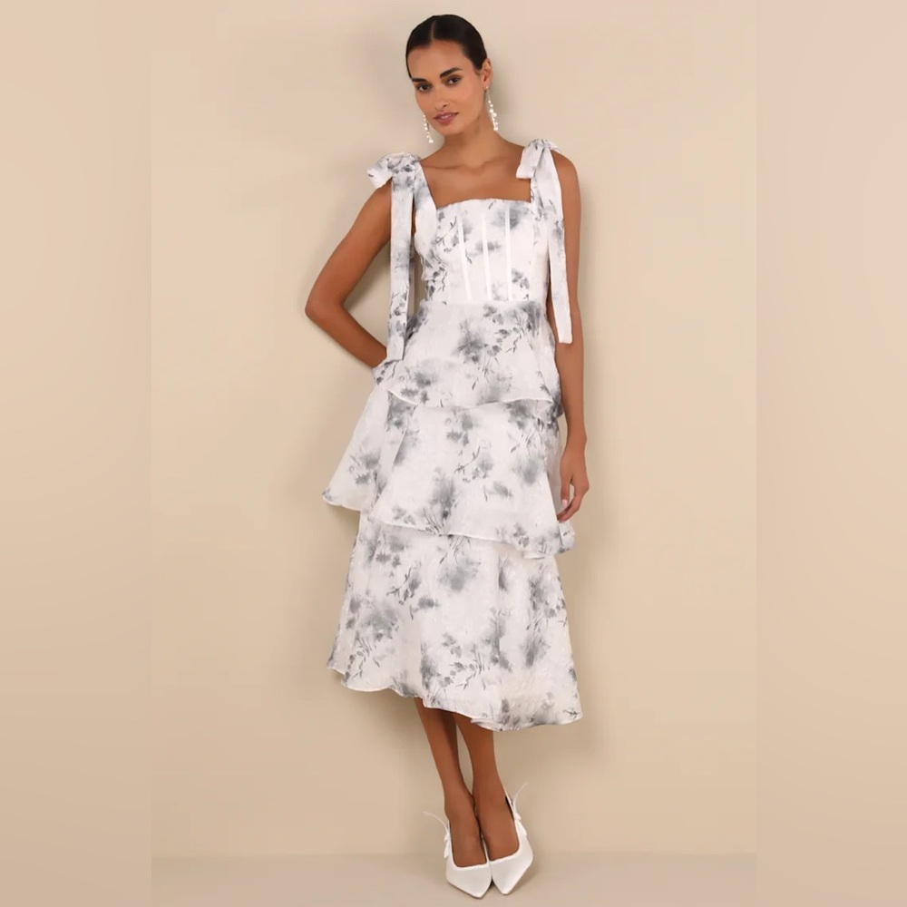 Elegant Floral Tiered White Dress